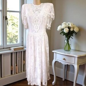 Vtg Jessica McClintock Ivory Lace Dress Romantic Wedding 80-90s Cottagecore Gown